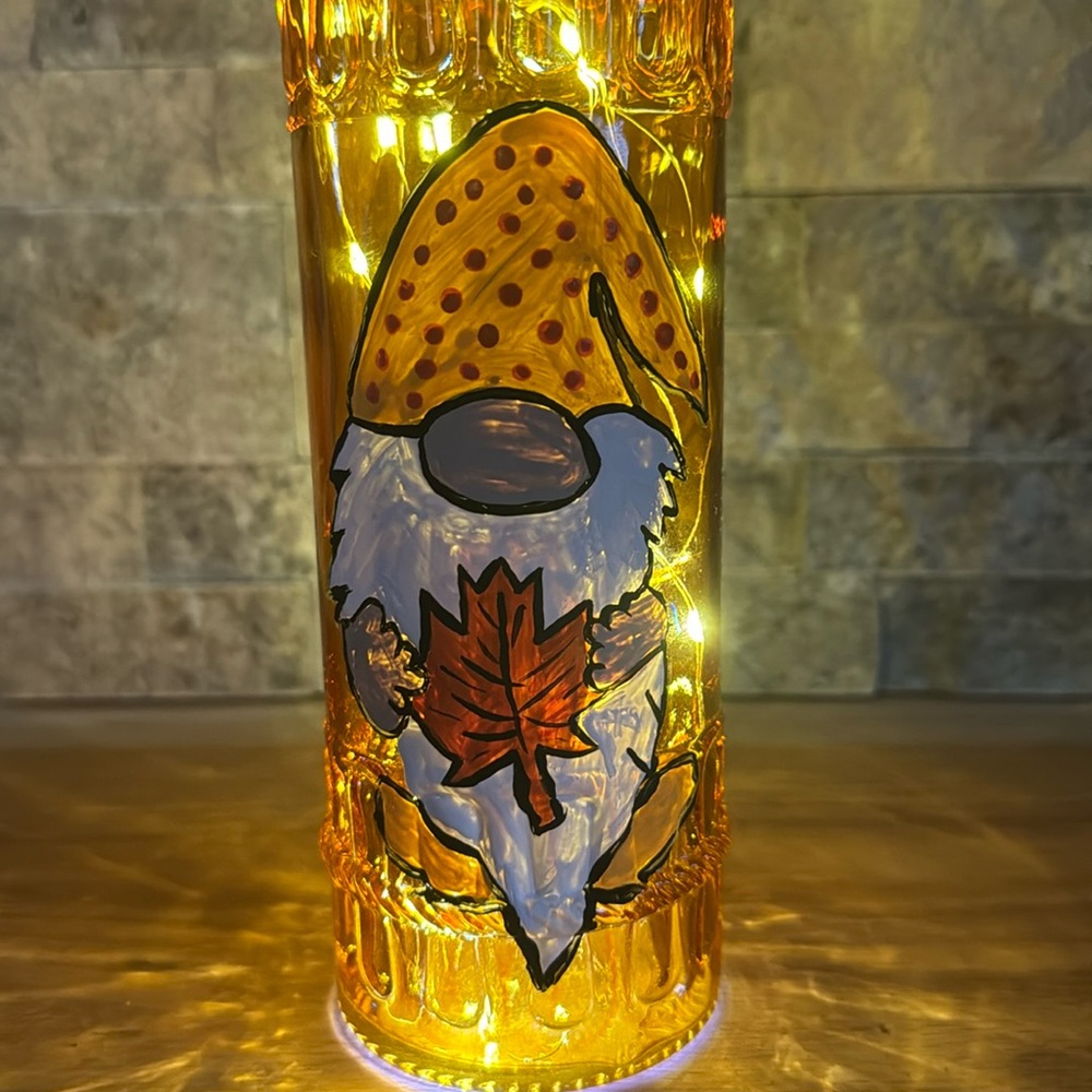 HAND CRAFTED - Hand Painted - Fall Light up Bottle - Gnome Glass Decanters - Picture 2 of 5